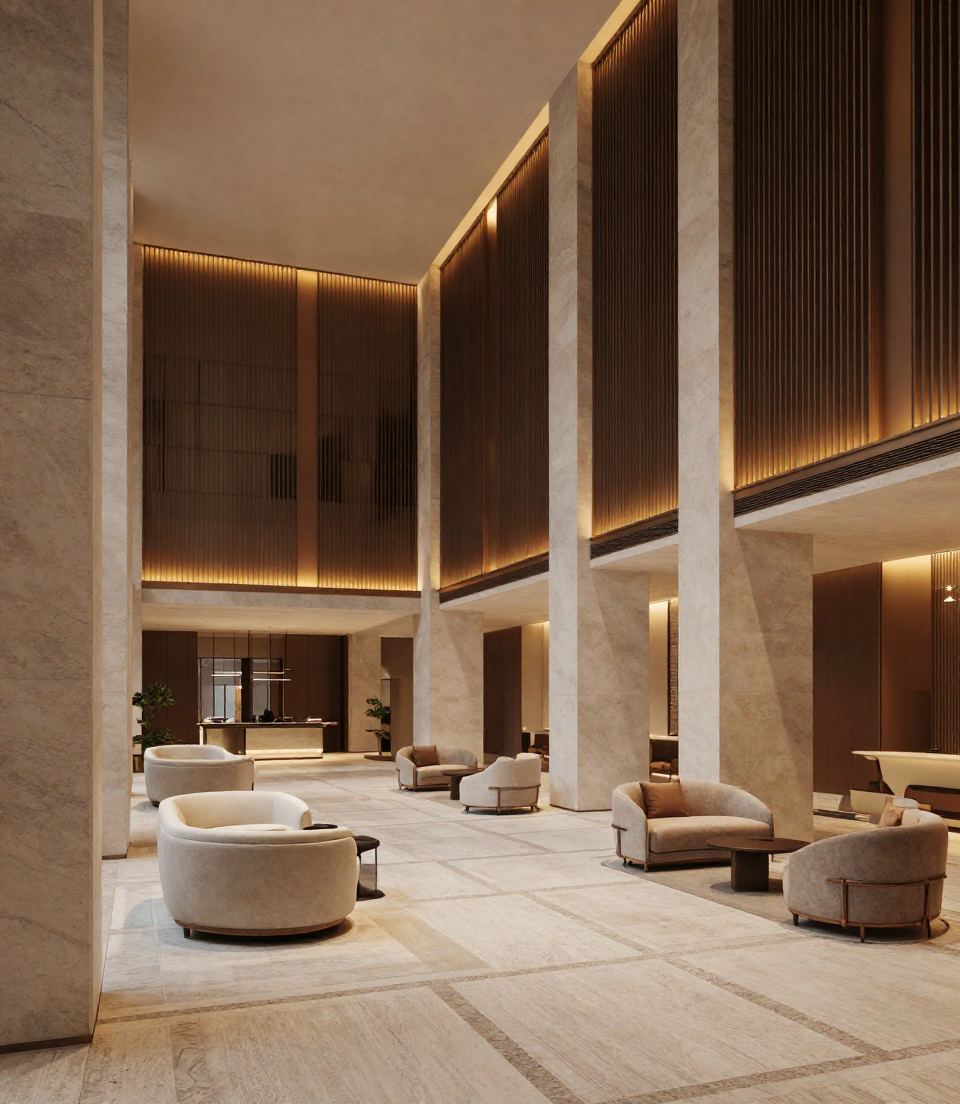 Double-height hotel lobby with timber panelling
